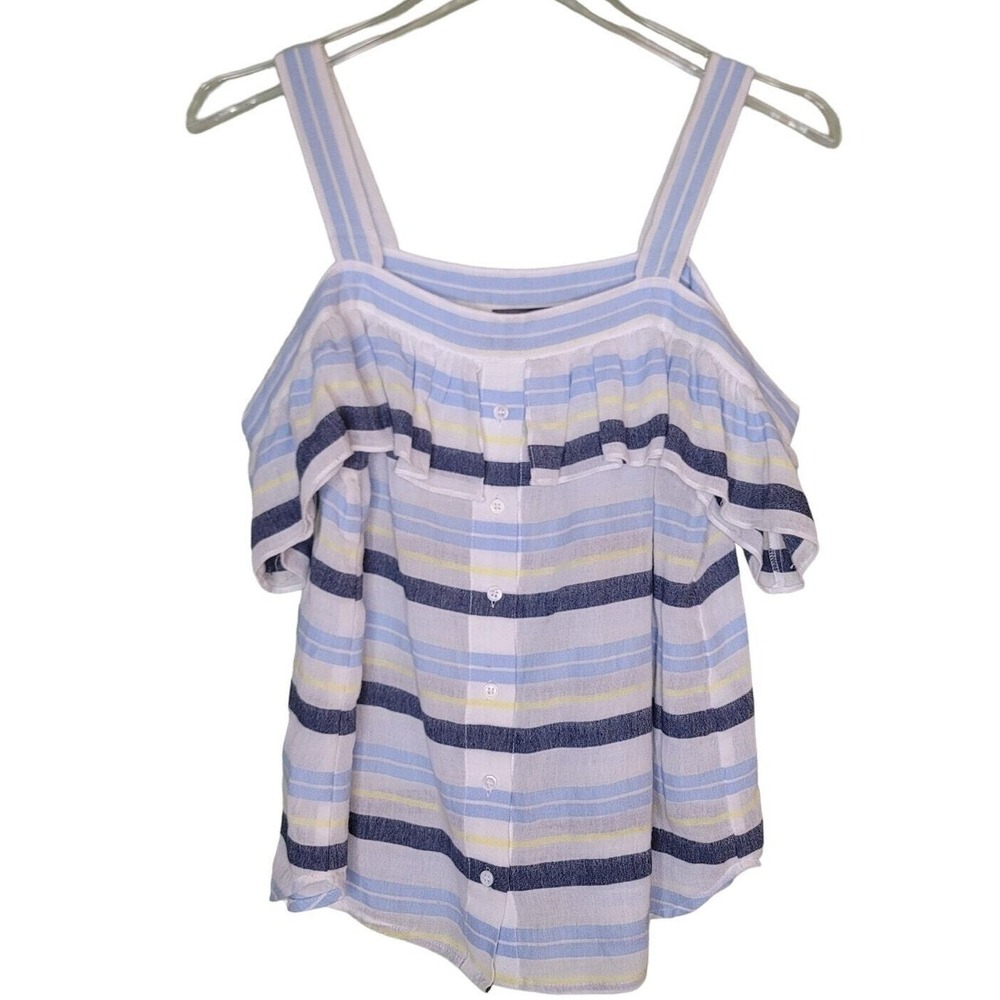 Vince Camuto Sleeveless Top XS Cold Shoulder Blue Yellow Striped Cotton Ruffle